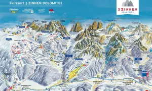 Mapa ośrodka narciarskiego 3 Zinnen Dolomites z zaznaczonymi trasami i szczytami, w tym słynnymi Tre Cime.