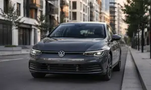 Mörkgrå Golf Alltrack parkerad på en stadsgata. Kanske ett problem med att hitta parkering?