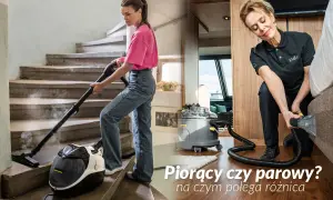 Kobieta czyści schody odkurzaczem piorącym, a druga kobieta tapicerkę. Sprawdź nasz odkurzacz piorący ranking.