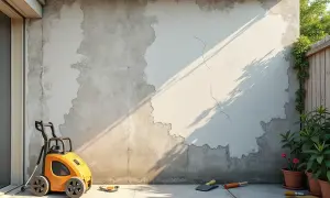 Stary beton na podwórku, z odpadającym tynkiem, obok żółtej myjki ciśnieniowej i narzędzi do renowacji.