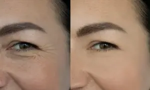 Porównanie skóry: po lewej widoczne zmarszczki wokół oka, po prawej wygładzona skóra. Niesamowite retinol efekty!