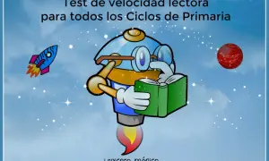 Un robot con gafas lee un libro, listo para mejorar la velocidad lectora primaria. Un cohete y un planeta flotan en el cielo estrellado.