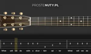 Proste nuty na gitarze dla początkujących. Widok gryfu gitary z tabulaturą i tekstem piosenki.
