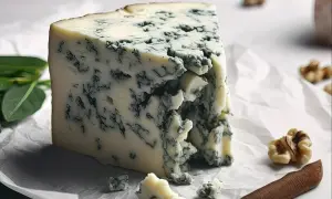 Kawałek kremowego sera pleśniowego gorgonzola z niebieskimi żyłkami, obok orzechów włoskich i zielonych liści.