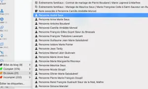 Liste de personnes dans un logiciel de généalogie, "Personne André Seux" est sélectionné. ad65 en ligne.