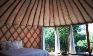 Intérieur d'une yourte gard, lit douillet sous la structure en bois, grandes fenêtres offrant une vue sur la verdure.
