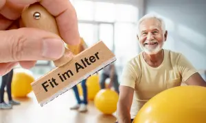 Ein Mann stempelt "Fit im Alter" auf ein Bild von einem lächelnden älteren Mann, der von Gymnastikbällen umgeben ist.