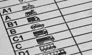 Detalle de un examen para saber como sacar el carnet de conducir, con categorías de vehículos como motos, coches y camiones.