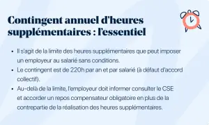 Le contingent annuel d'heures supplémentaires est de 220h par salarié. Au-delà, l'employeur doit informer le CSE et accorder un repos compensateur.