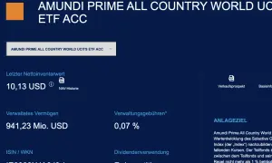Amundi Prime All Country World UCITS ETF ACC: Nettoinventarwert 10,13 USD, verwaltetes Vermögen 941,23 Mio. USD, Verwaltungsgebühren 0,07%.