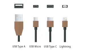 Différents types de câble téléphone portable : USB A, USB Micro, USB Type C et Lightning.