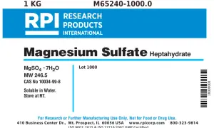 Etykieta produktu RPI: siarczan magnezu siedmiowodny, 1 kg. Formuła MgSO4·7H2O, numer CAS 10034-99-8.