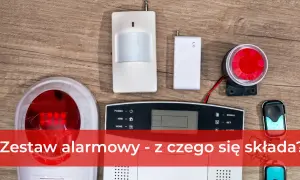 Zestaw alarmowy do garażu blaszanego: czujnik ruchu, syrena, panel sterowania i piloty.