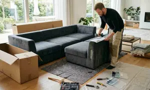Man monterar en grå soffa med skruvdragare och instruktioner. Det ser ut som ett projekt för att byta stoppning soffa.