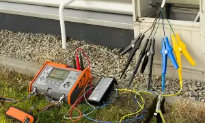 Miernik testuje rezystancję izolacji przewodów podłączonych do skrzynki elektrycznej.