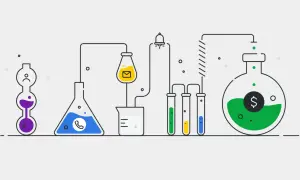 Proceso de cómo hacer una cotización: un experimento científico con tubos de ensayo, matraces y un símbolo de dólar, que representa la creación de valor.
