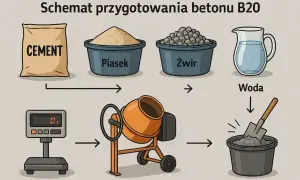 Schemat przygotowania betonu B20: cement, piasek, żwir i woda trafiają do betoniarki.