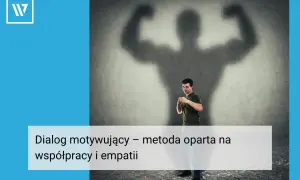 Mężczyzna w pozycji obronnej, z cieniem potężnej sylwetki za plecami. Dialog motywujący pomaga odkryć wewnętrzną siłę.