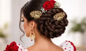 Peinado flamenca con moño trenzado, rosas rojas y peinetas doradas.