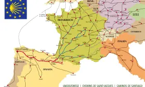 Mapa szlaków pielgrzymkowych Camino de Santiago, ukazująca trasy przez Francję, Hiszpanię, Portugalię i inne kraje Europy.
