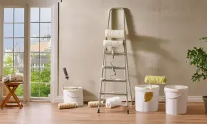 Préparation pour nettoyer mur intérieur crépi avant peinture : rouleaux, seaux et échelle sont prêts.