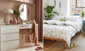 Ambiance douce pour une **rénovation chambre** : coiffeuse rose poudré et lit fleuri avec coussin rigolo.