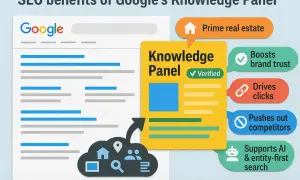 Google Knowledge Panel benefits: prime real estate, boosts brand trust, drives clicks, pushes out competitors, and supports AI search.