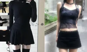 Stylizacja acubi: czarna sukienka mini, dopasowany top, siateczkowa bluzka, spódniczka i buty.
