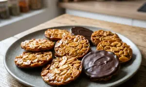 Assiette de florentins aux amandes, certains recouverts de chocolat noir. Une délicieuse recette à essayer !