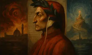 Portret Dantego Alighieri w wieńcu laurowym, z płonącą Florencją po lewej i rajską drabiną po prawej.
