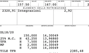 Dettaglio busta paga: paga base, integrazioni e quanto vengono pagati gli straordinari. Totale netto 2323,83.