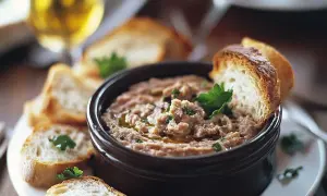 Un bol de rillettes de maquereau, garni de persil et d'huile d'olive, servi avec des tranches de pain grillé.