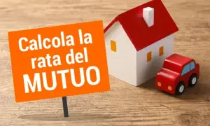 Cartello arancione con testo "Calcola la rata del MUTUO". Accanto, una casetta bianca e rossa e una macchinina rossa. Il tasso irs è fondamentale per il calcolo.