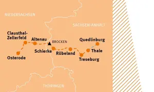 Karte zeigt die Etappen des Harzer Hexenstiegs: Osterode, Clausthal-Zellerfeld, Altenau, Schierke, Brocken, Rübeland, Thale, Treseburg, Quedlinburg.