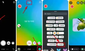 Jak zmienić tło w relacji na Insta? Kliknij "Aa", potem ikonę naklejek, wybierz "Photo" i dodaj zdjęcie.