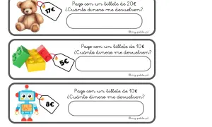 Problemas euros primaria para imprimir: oso (17€), bloques (5€), robot (8€). Calcula el cambio con billetes de 10€ o 20€.