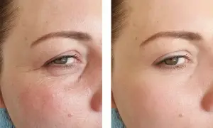 Comparaison avant/après : la peau ridée à gauche est lissée à droite, montrant l'efficacité du tretinoin vs retinol pour réduire les rides.