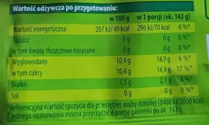 Tabela wartości odżywczych galaretki: 1 porcja (ok. 143 g) ma 70 kcal. Opakowanie zawiera 4 porcje.