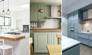 Tres cocinas con diferentes colores para pintar muebles de cocina: blanco moderno, verde menta y azul pastel.