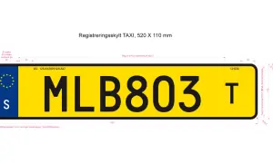 Gul registreringsskylt för taxi med texten MLB803 T. EU-märke med S till vänster.