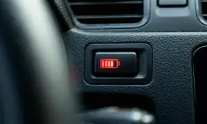 Voyant batterie rouge sur le tableau de bord d'une voiture, indiquant une faible autonomie.