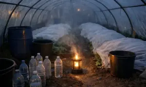 Wewnątrz tunelu foliowego, w chłodny wieczór, płonie lampa naftowa, ogrzewając rośliny. Wokół stoją butelki z wodą i wiadra, pomagając w utrzymaniu ciepła.