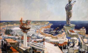 Widok na starożytne miasto z Kolosem z Rodos górującym nad portem. Na pierwszym planie rydwan na kolumnie.