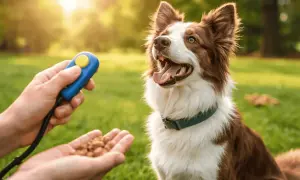 Ein Hund freut sich auf Leckerlis beim Clickertraining im Sonnenschein.