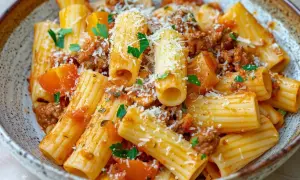 En skål med rigatoni pasta med en mustig salsiccia-sås, toppad med riven parmesan och färsk persilja.