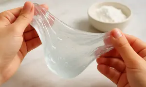 Hände dehnen durchsichtigen, blubbernden Schleim. Im Hintergrund eine Schüssel mit Pulver, ein Hinweis auf die Slime-Zutaten.