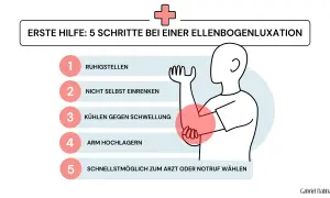Erste Hilfe bei einem ellenbogen ausgekugelt: Ruhigstellen, nicht selbst einrenken, kühlen, Arm hochlagern, Arzt rufen.