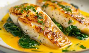 Deux filets de saint-pierre dorés, servis sur des épinards dans une sauce onctueuse. Parfait pour le temps de cuisson saint-pierre au four.