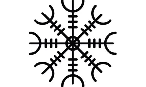 En svart, stiliserad bild av en kompassros, en av de mest kända fornnordiska symbolerna. Den ser ut som en stjärna med åtta spetsar, där varje spets har en unik form.