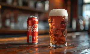 Un bicchiere di birra ambrata e una lattina di Coca-Cola su un tavolo di legno. La birra ha una schiuma abbondante.